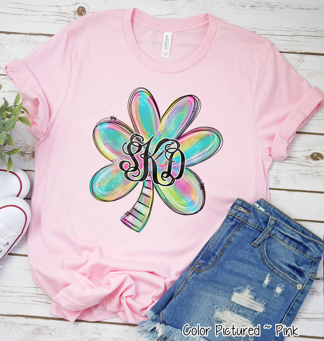 Monogram Colorful Watercolor Shamrock St Partricks Day Tee
