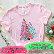 Monogrammed Watercolor Leopard Print Christmas Tree Trio Tee