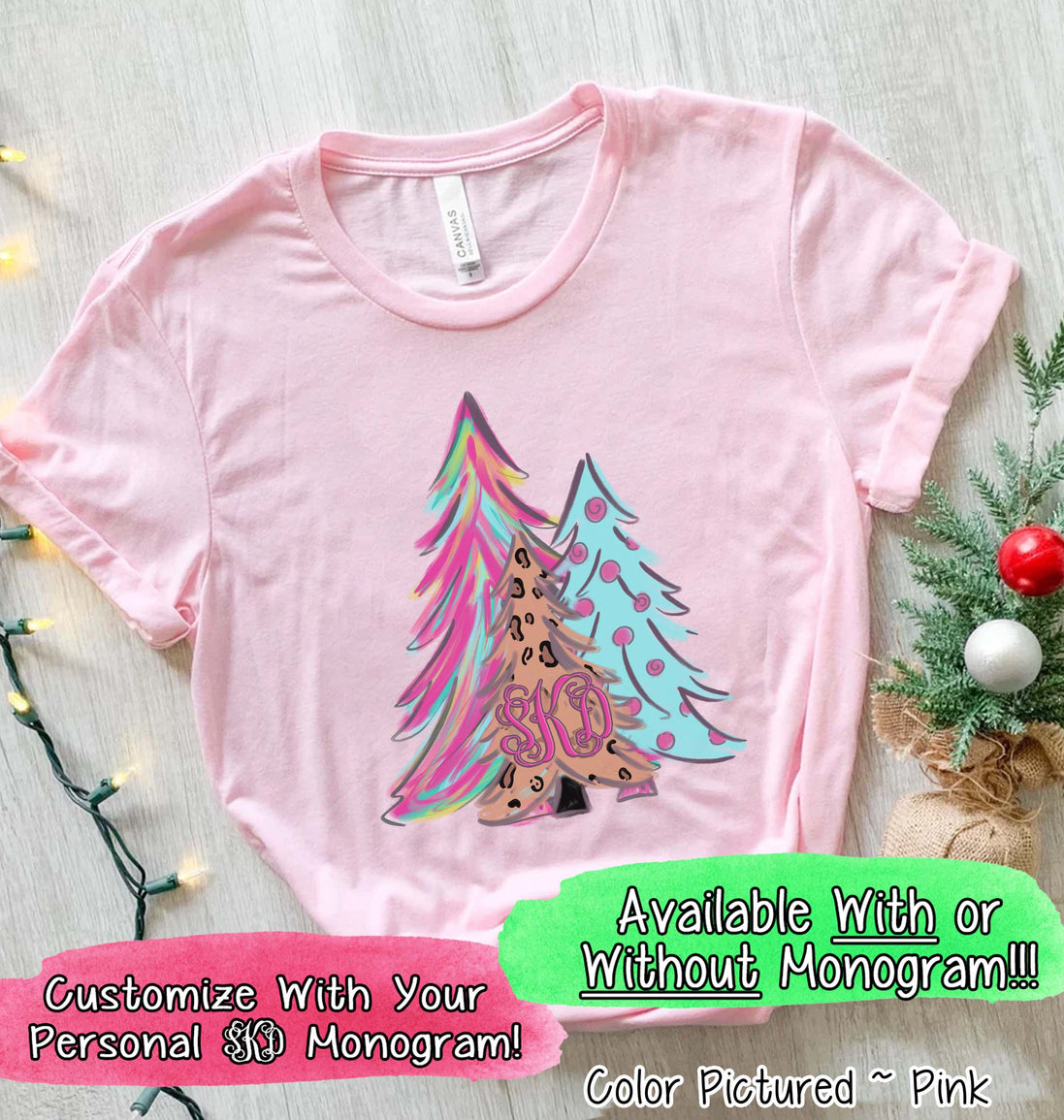 Monogrammed Watercolor Leopard Print Christmas Tree Trio Tee