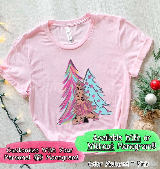 Monogrammed Watercolor Leopard Print Christmas Tree Trio Tee