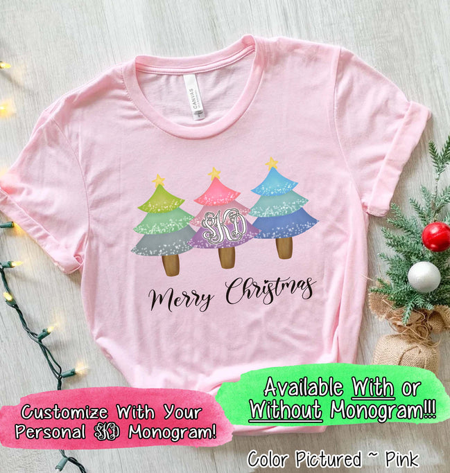 Monogrammed Merry Christmas Trees Trio Tee