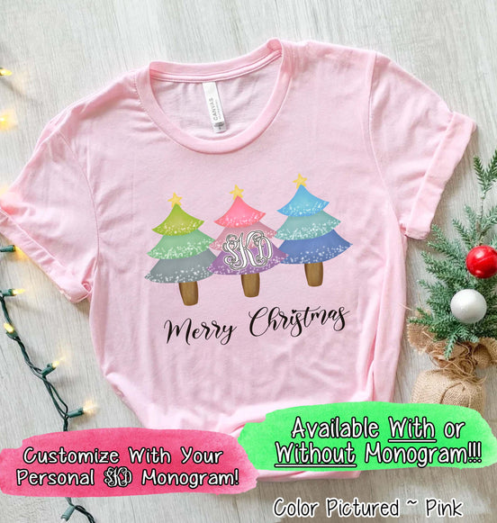 Monogrammed Merry Christmas Trees Trio Tee
