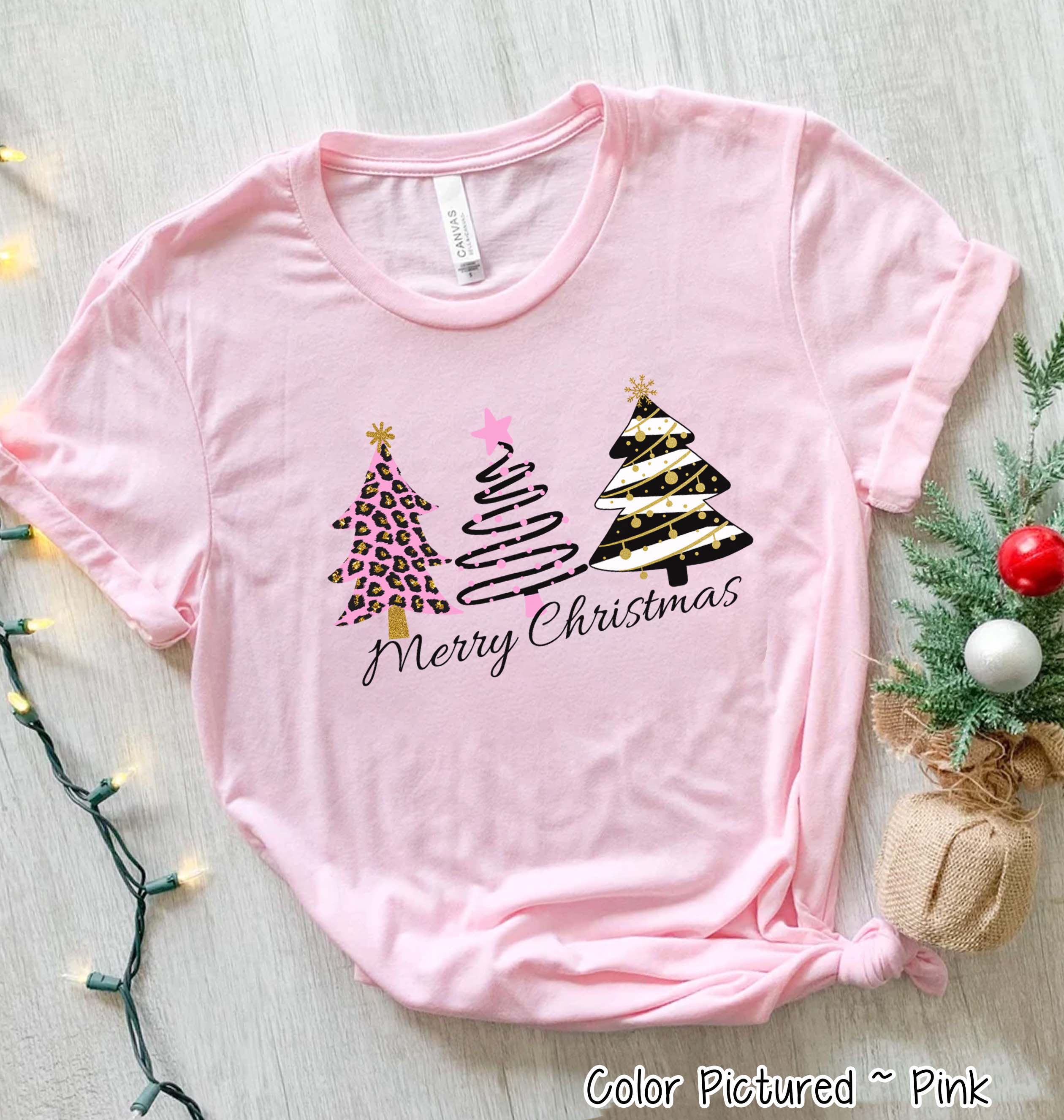 Modern Pink Black Gold Leopard Merry Christmas Tree Tee