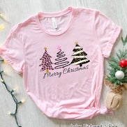 Modern Pink Black Gold Leopard Merry Christmas Tree Tee
