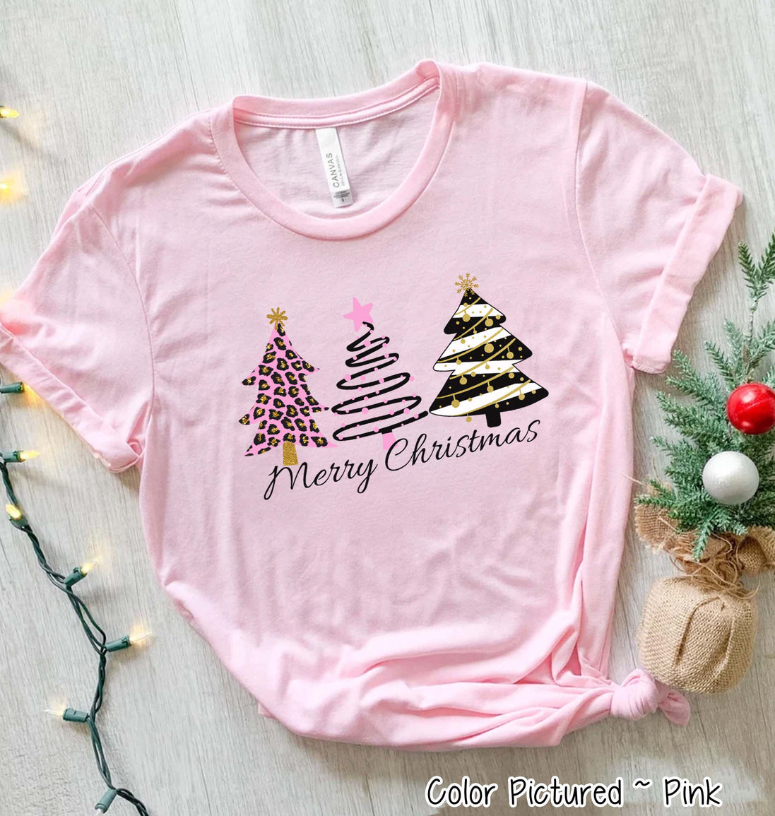Modern Pink Black Gold Leopard Merry Christmas Tree Tee