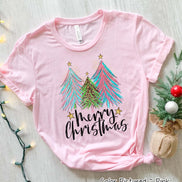 Merry Christmas Pink Blue Leopard Christmas Tree Tee