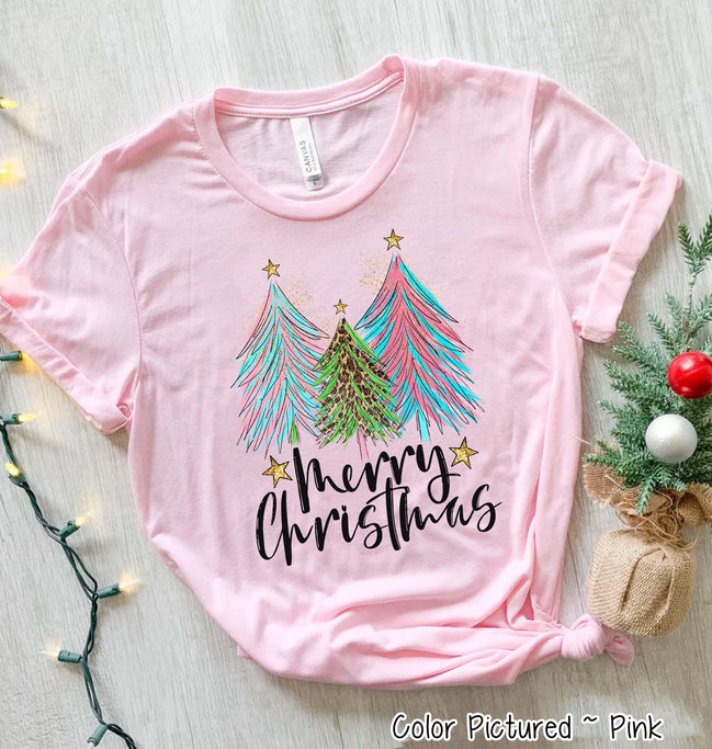Merry Christmas Pink Blue Leopard Christmas Tree Tee