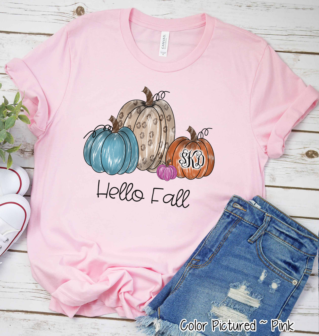 Hello Fall Watercolor Leopard Pumpkins Monogram Tee