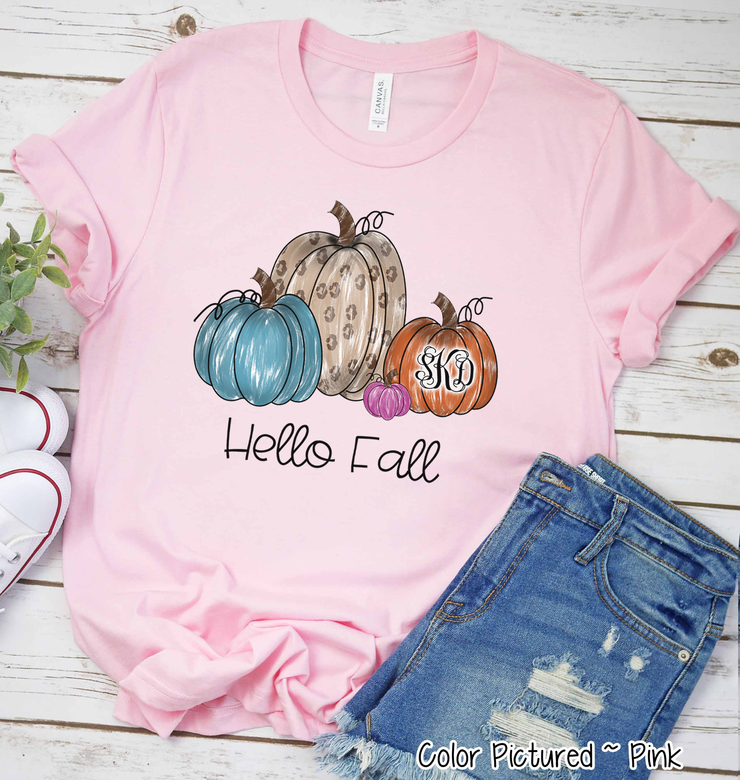 Hello Fall Watercolor Leopard Pumpkins Monogram Tee