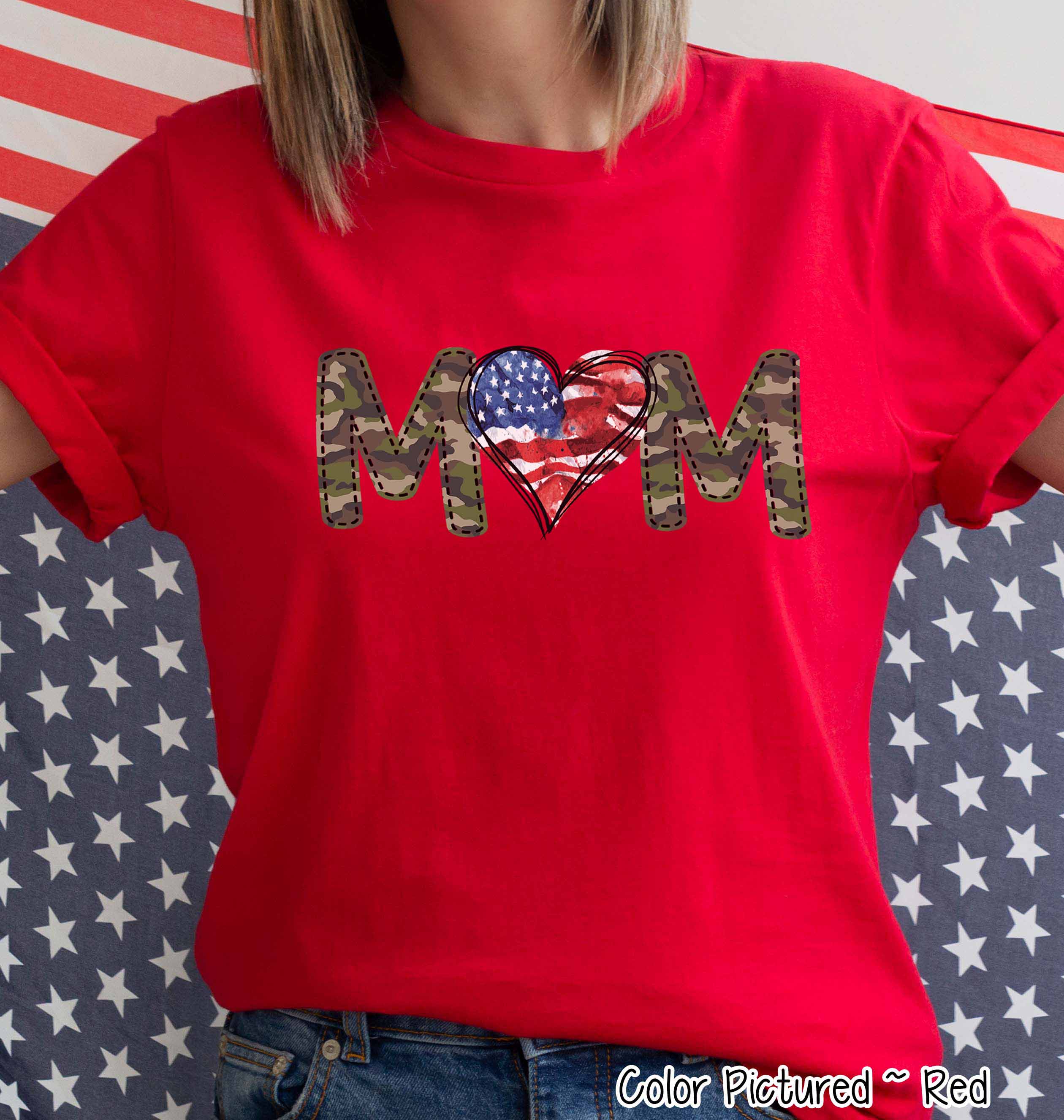 Military Mom with Flag Heart Tee