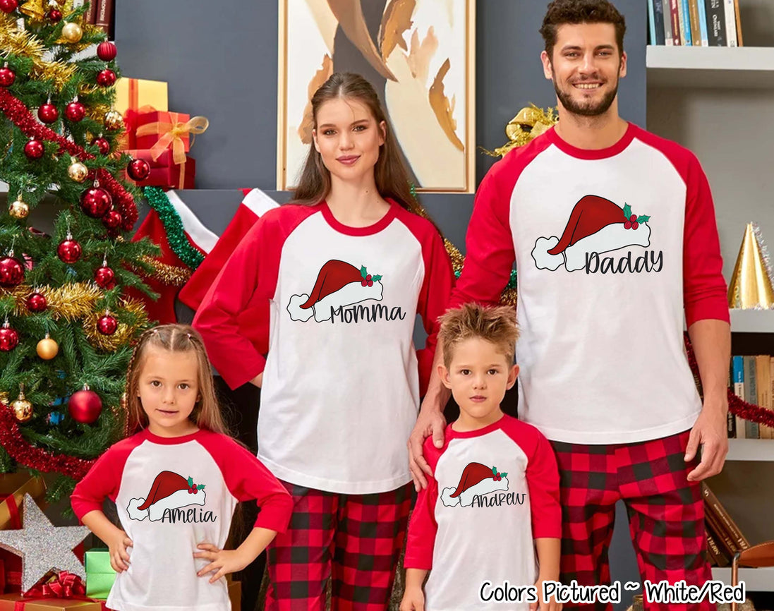 Personalized Family Matching Group Red Santa Hat Raglan Tee