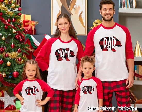 Personalized Family Matching Group Buffalo Plaid Bear Christmas Raglan Tee