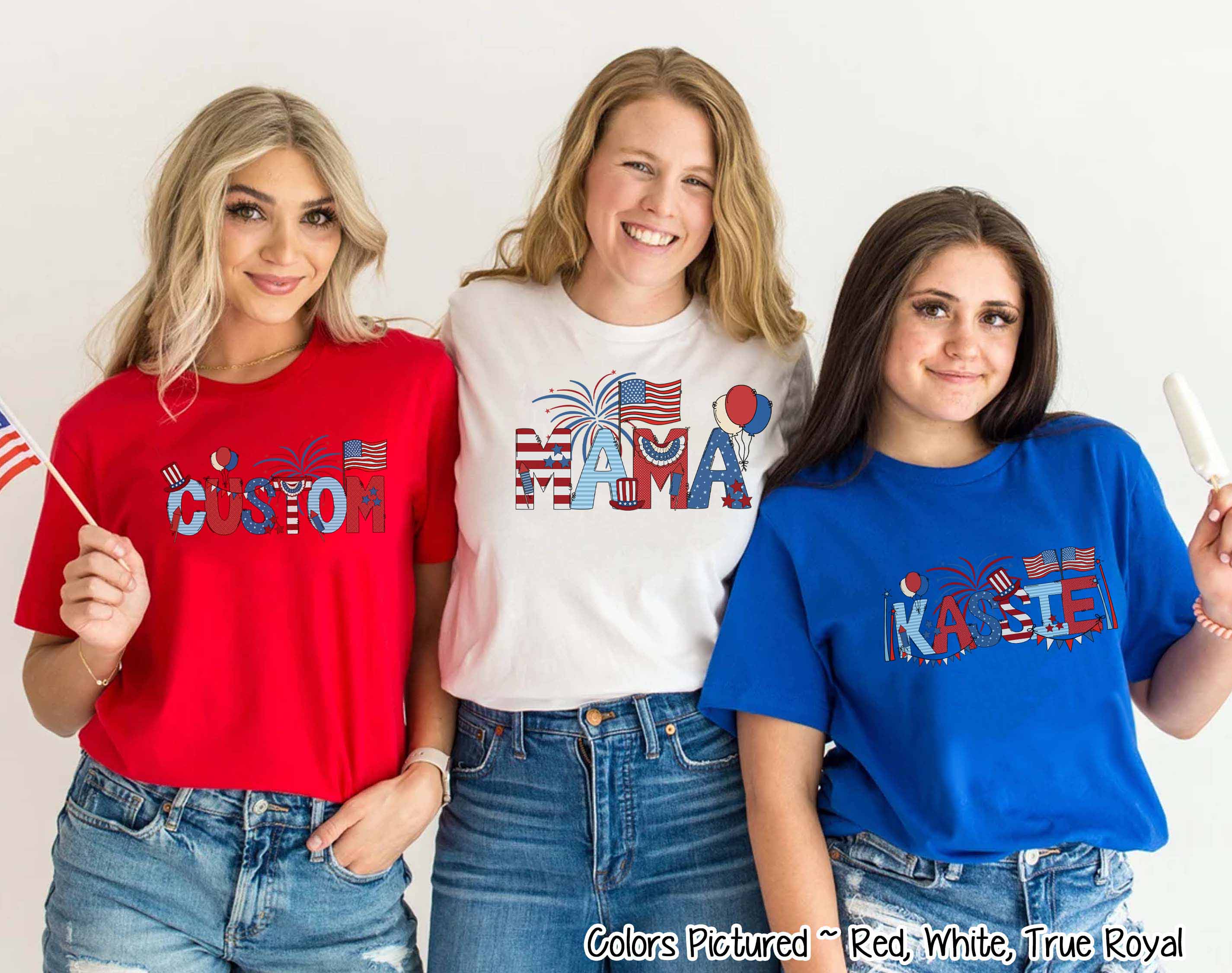 Patriotic Red White Blue Doodle Custom Family Matching Name Tee
