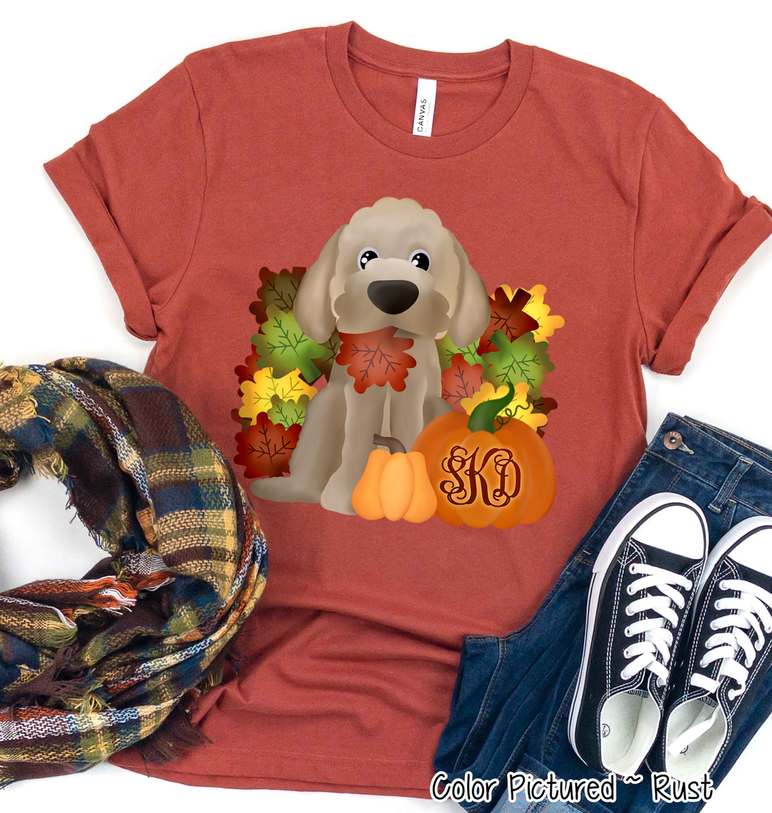 Golden Doodle Dog Fall Pumpkin Monogram Tee