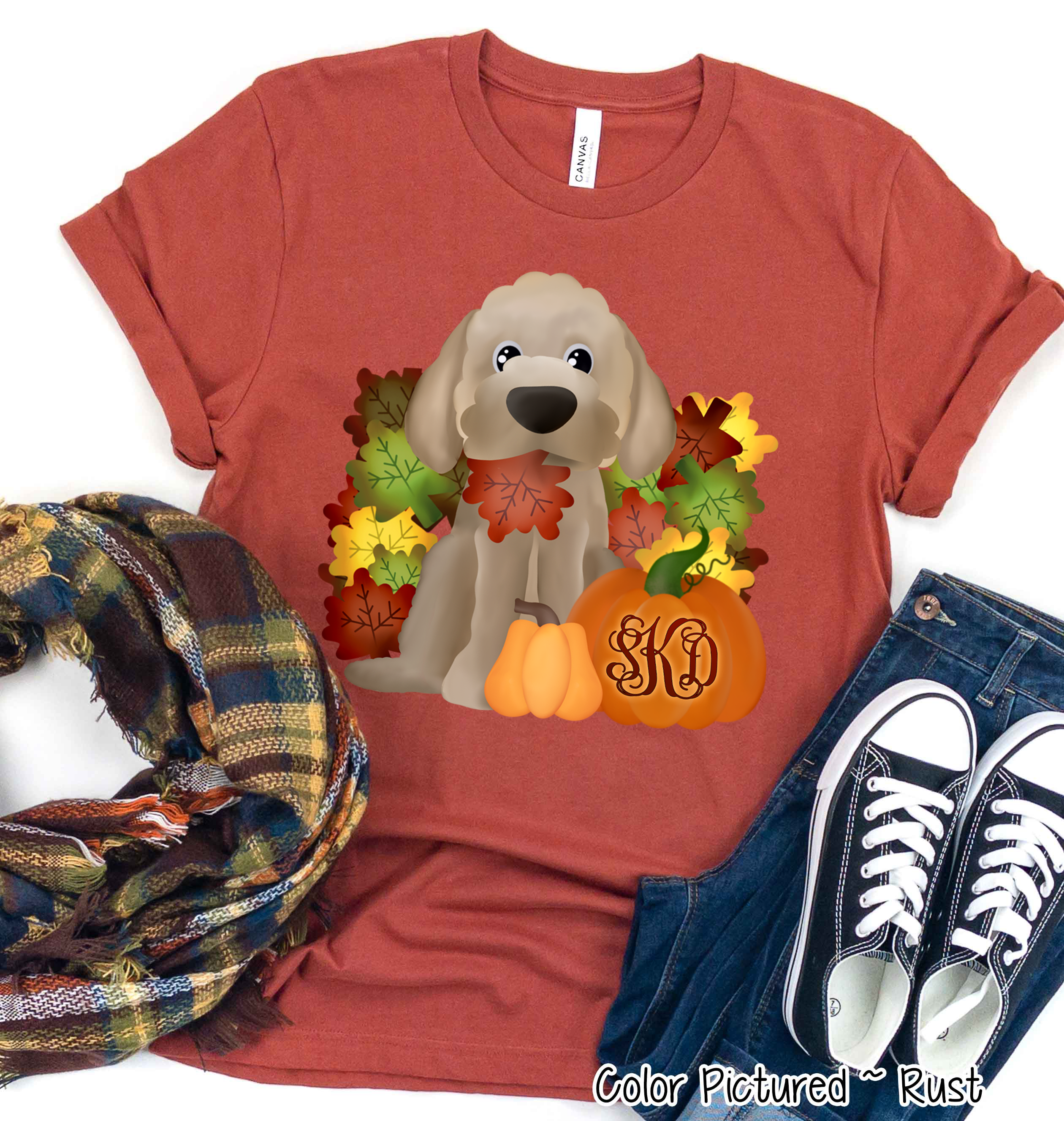 Golden Doodle Dog Fall Pumpkin Monogram Tee