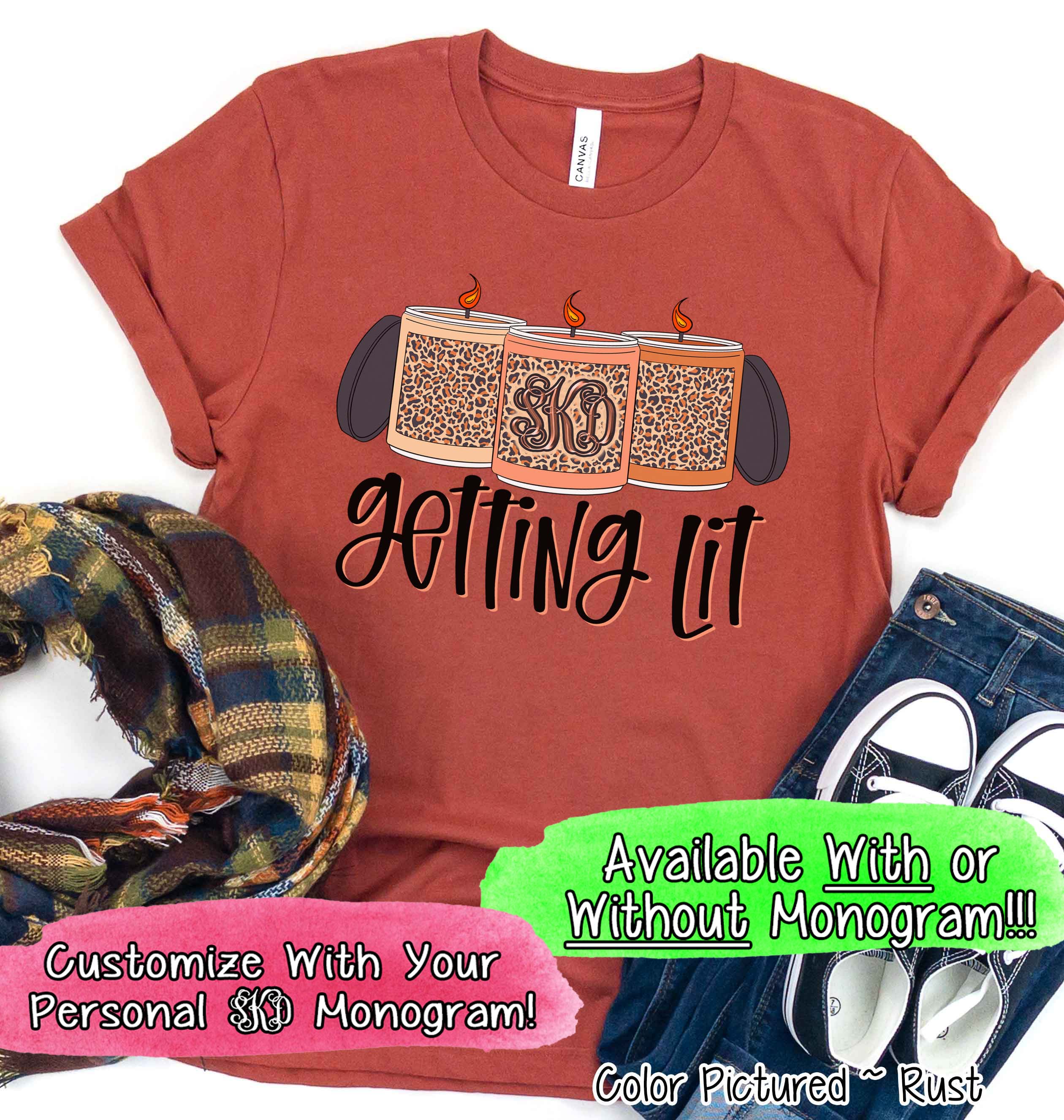 Getting Lit Fall Leopard Print Monogram Candles Tee