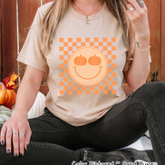 Retro Smile Pumpkin Checkerboard Fall Tee