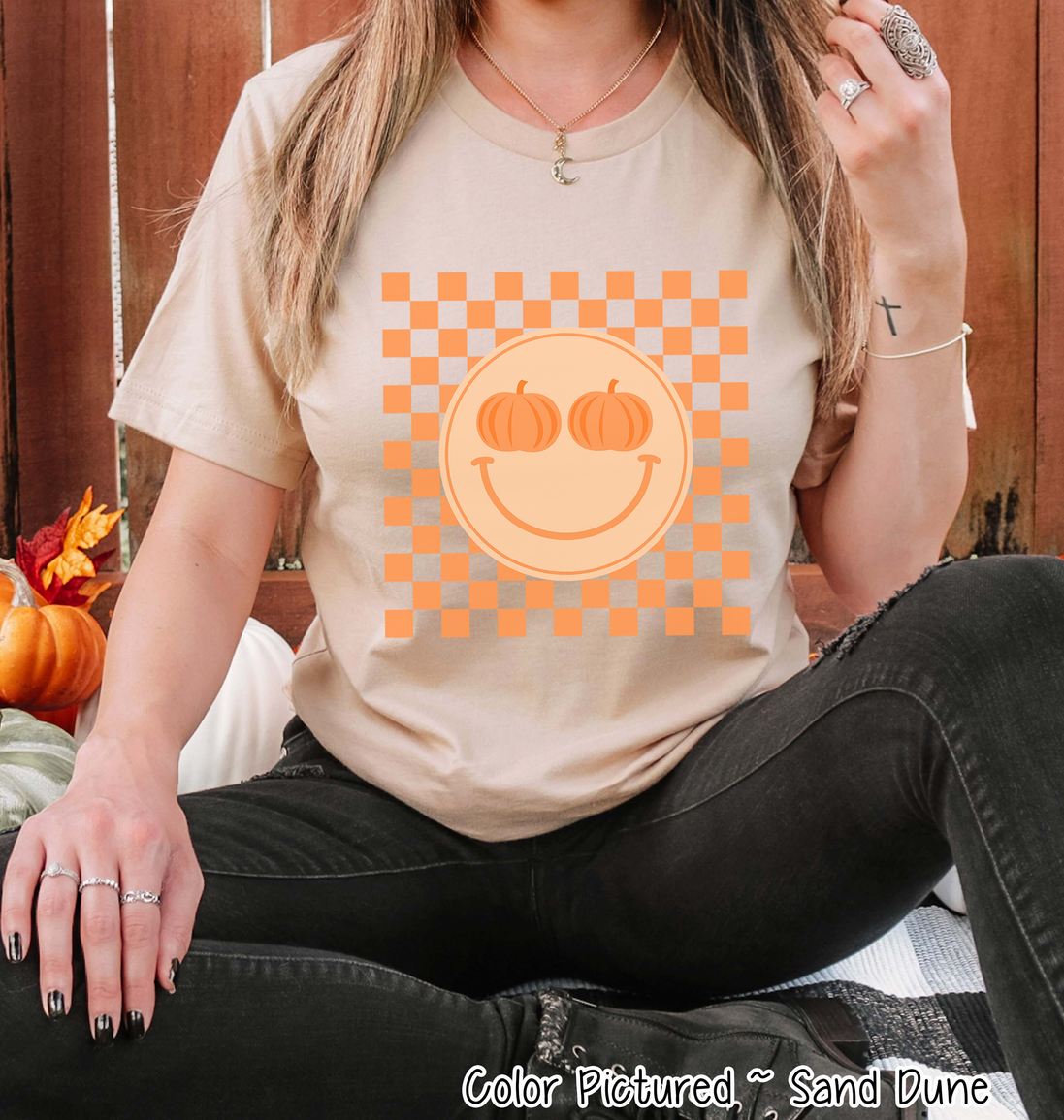 Retro Smile Pumpkin Checkerboard Fall Tee