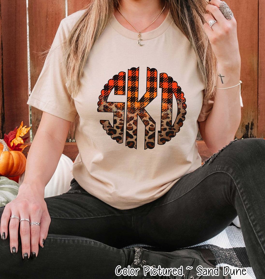 Big Monogram Black Orange Plaid Leopard Fall Tee