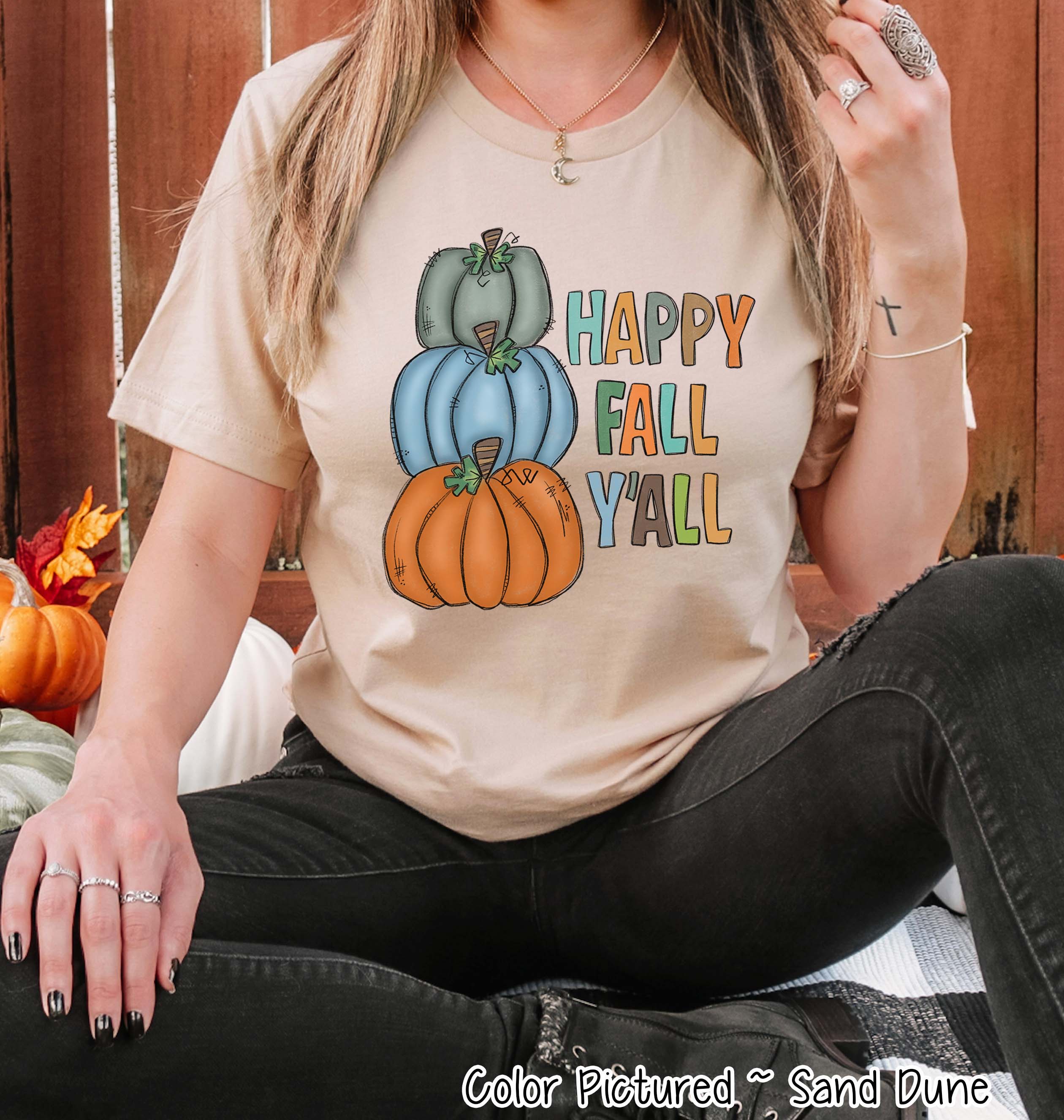 Happy Fall Yall Distress Pumpkin Stack Fall Tee