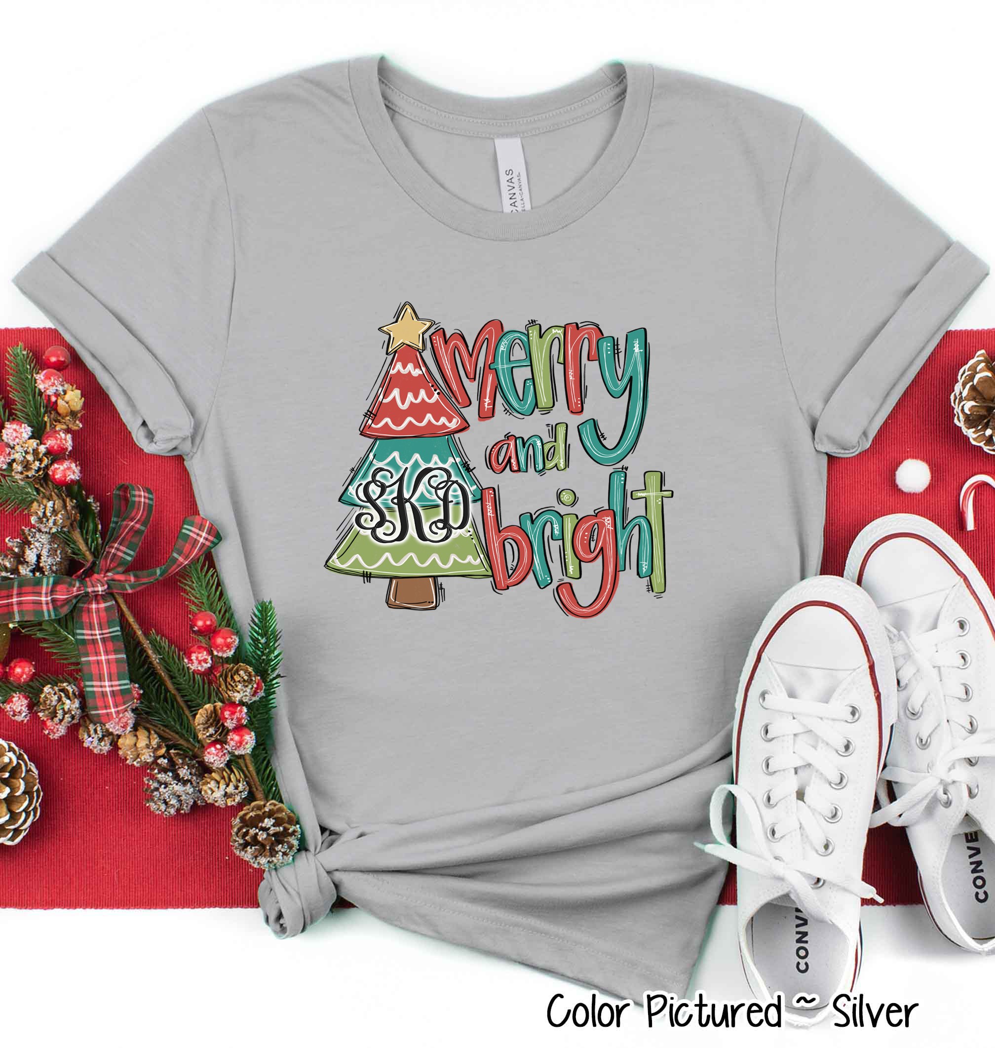Monogrammed Merry & Bright Christmas Tree Tee