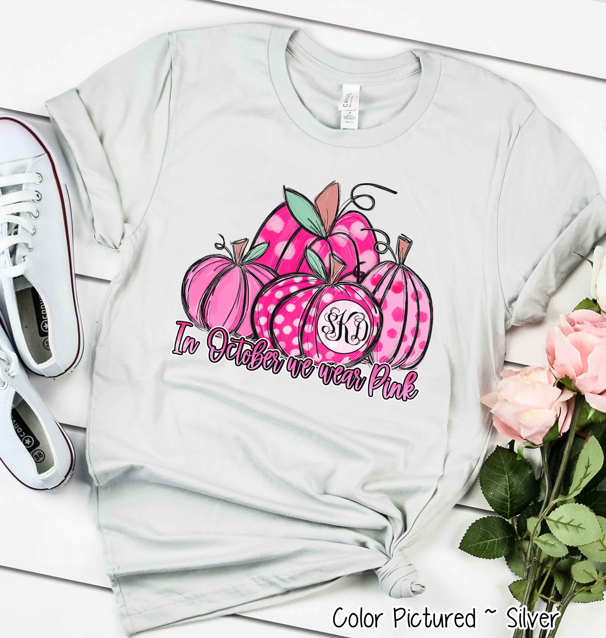 Pink Monogrammed Pumpkins ~ In October We Wear Pink ~ Breast Cancer Awareness Tee