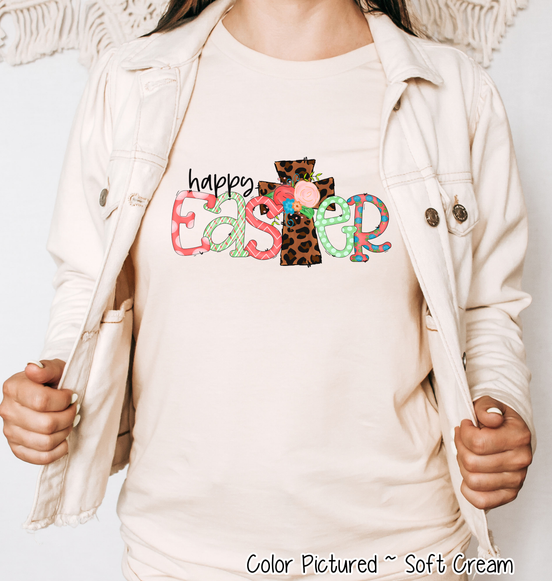 Happy Easter with Leopard Print Cross Tee
