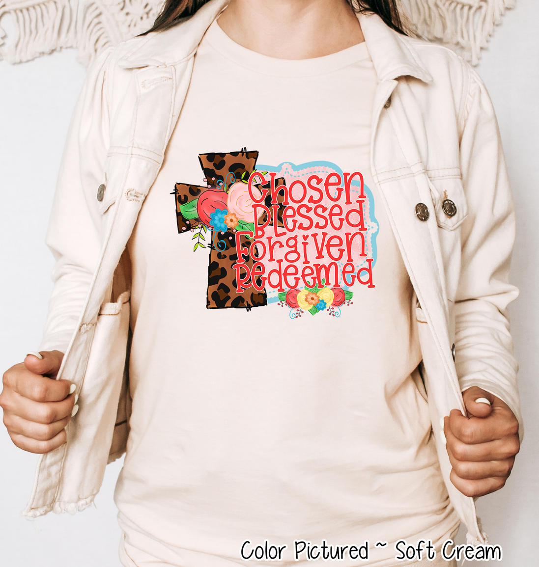 Leopard Cross Chosen Blessed Forgiven Redeemed Tee