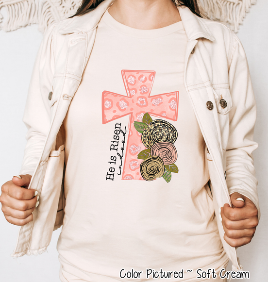 He Is Risen Pink Leopard Cross Easter Tee