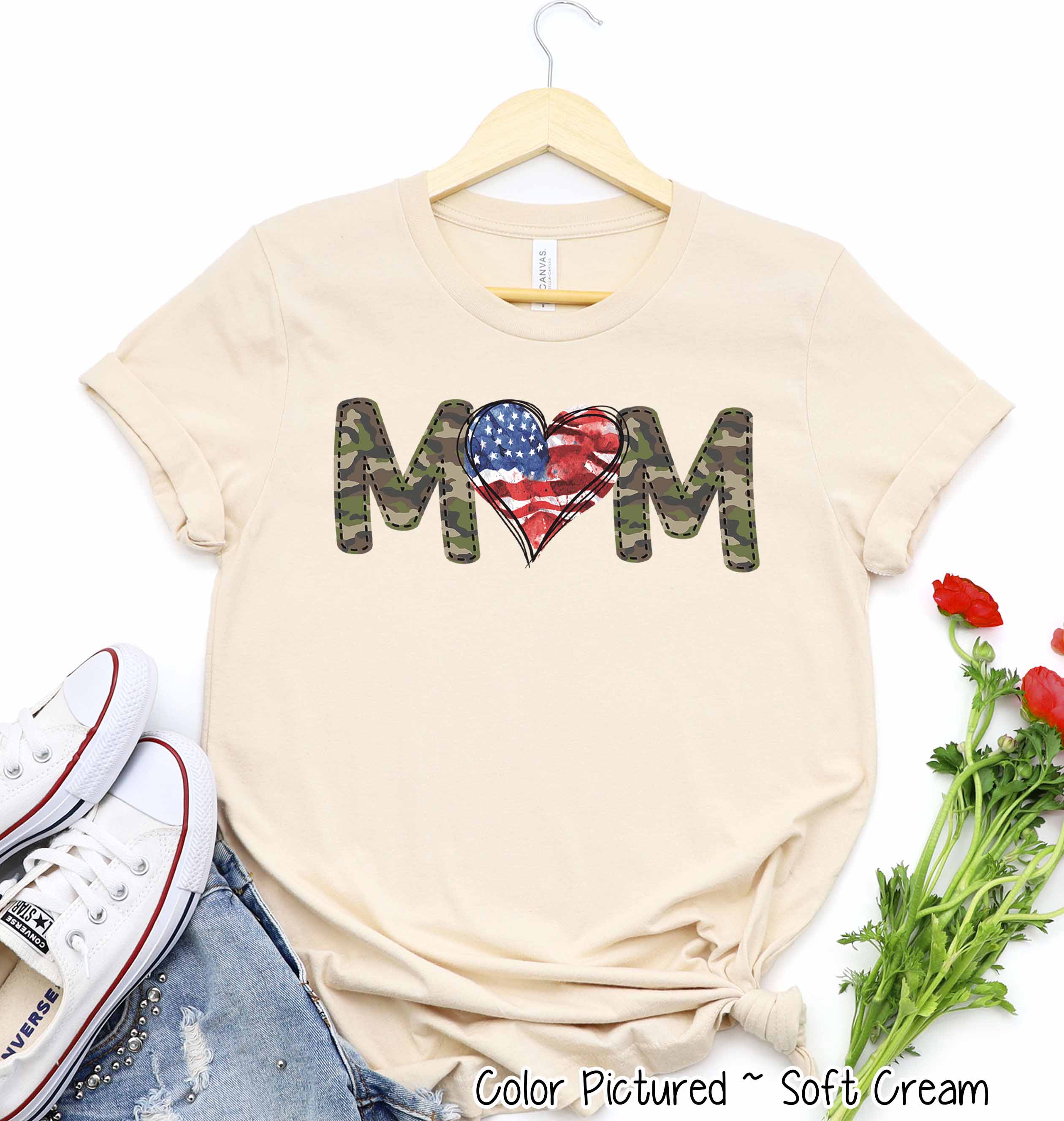 Military Mom with Flag Heart Tee