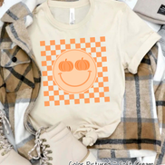 Retro Smile Pumpkin Checkerboard Fall Tee