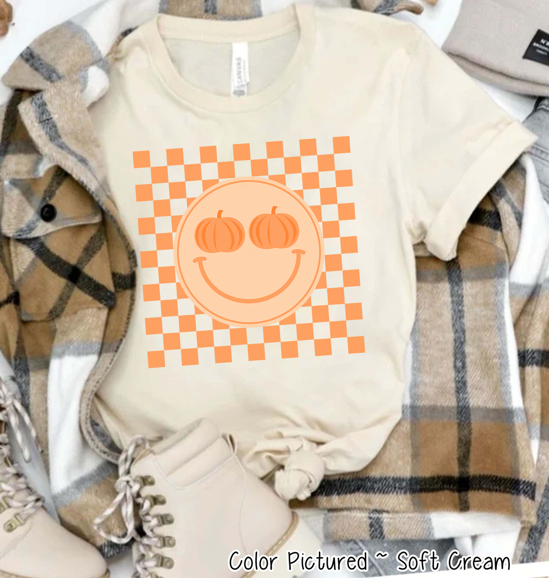 Retro Smile Pumpkin Checkerboard Fall Tee