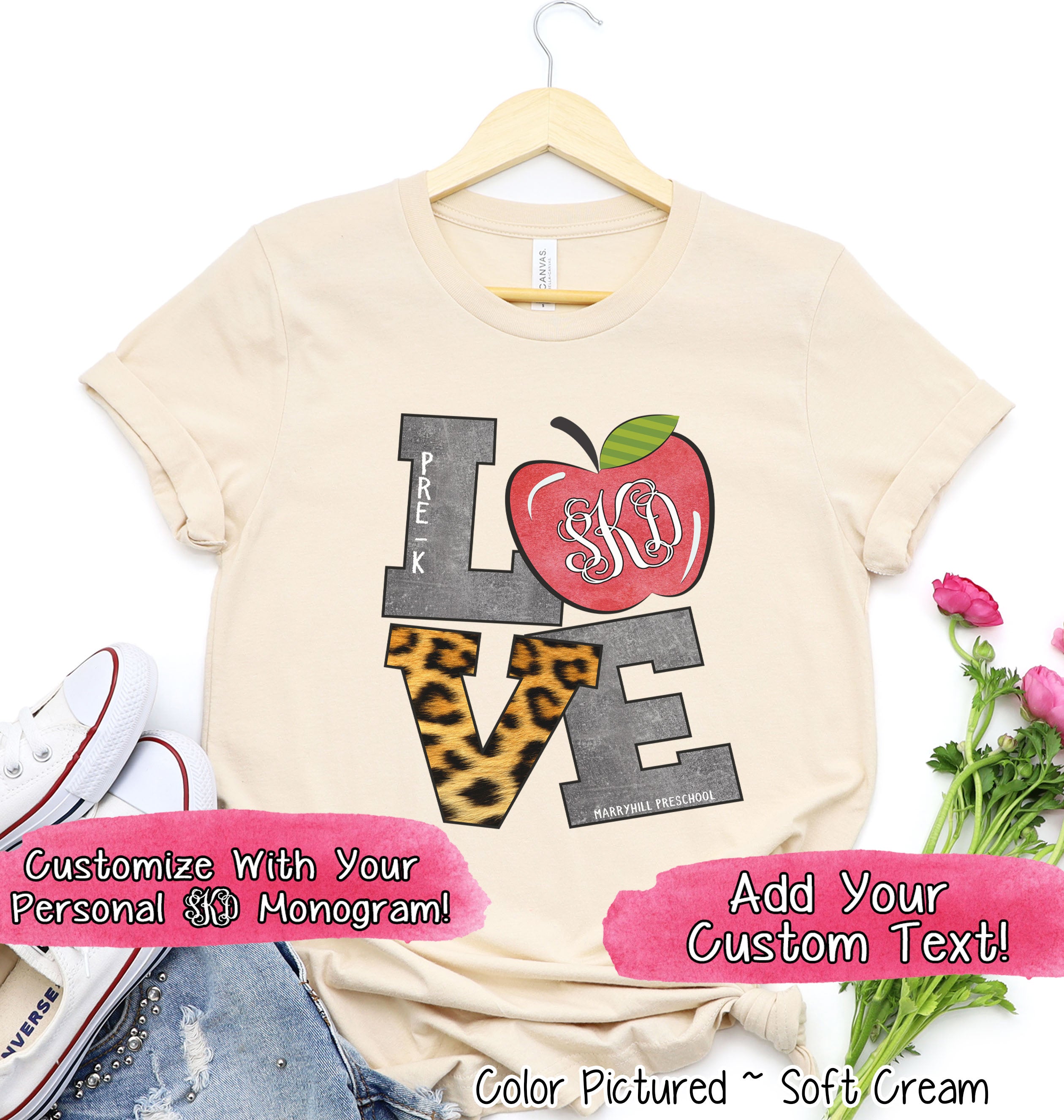 Monogram LOVE Leopard Print with Custom Text & Grade  Tee