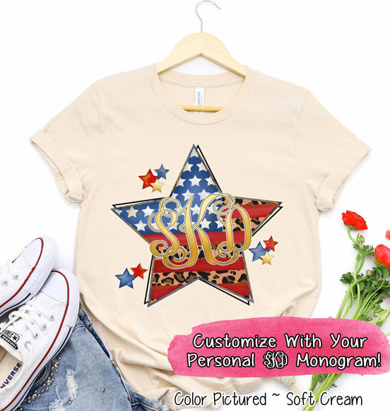 Patriotic Flag Star with Leopard Accents and Monogram Tee