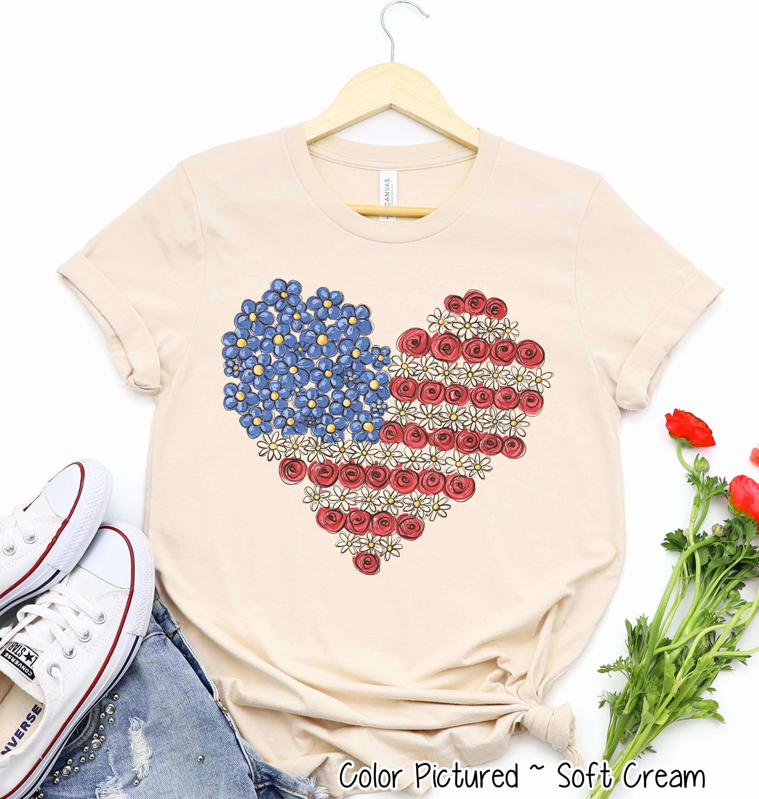 Floral Heart Flag Patriotic Tee