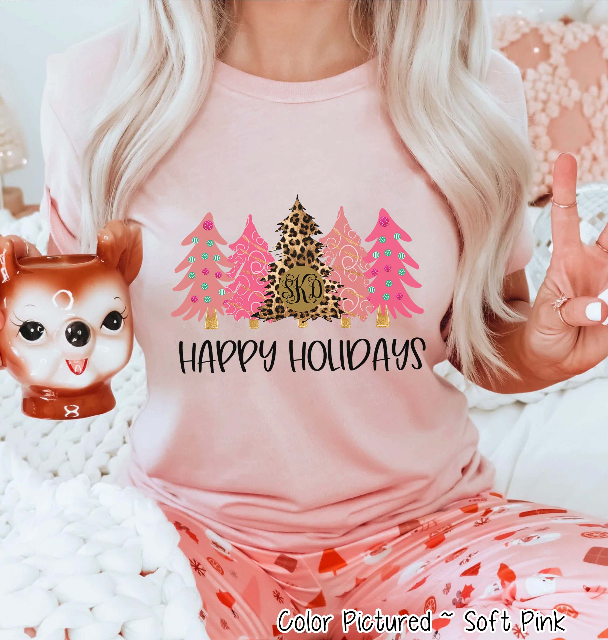 Monogrammed Leopard and Pink Christmas Trees Tee