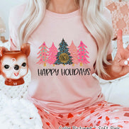 Monogrammed Blue Leopard and Pink Christmas Trees Tee