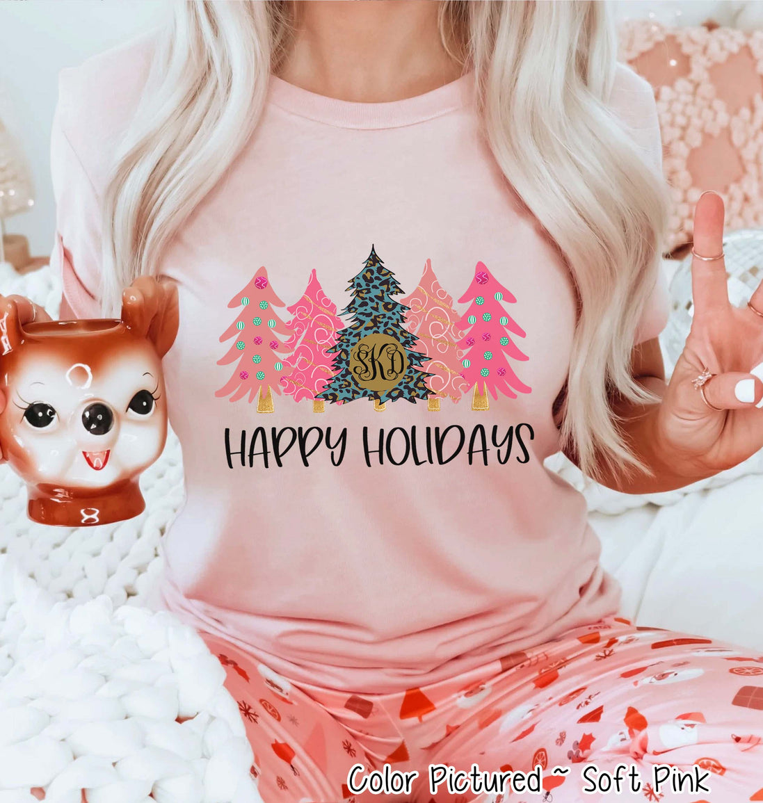 Monogrammed Blue Leopard and Pink Christmas Trees Tee