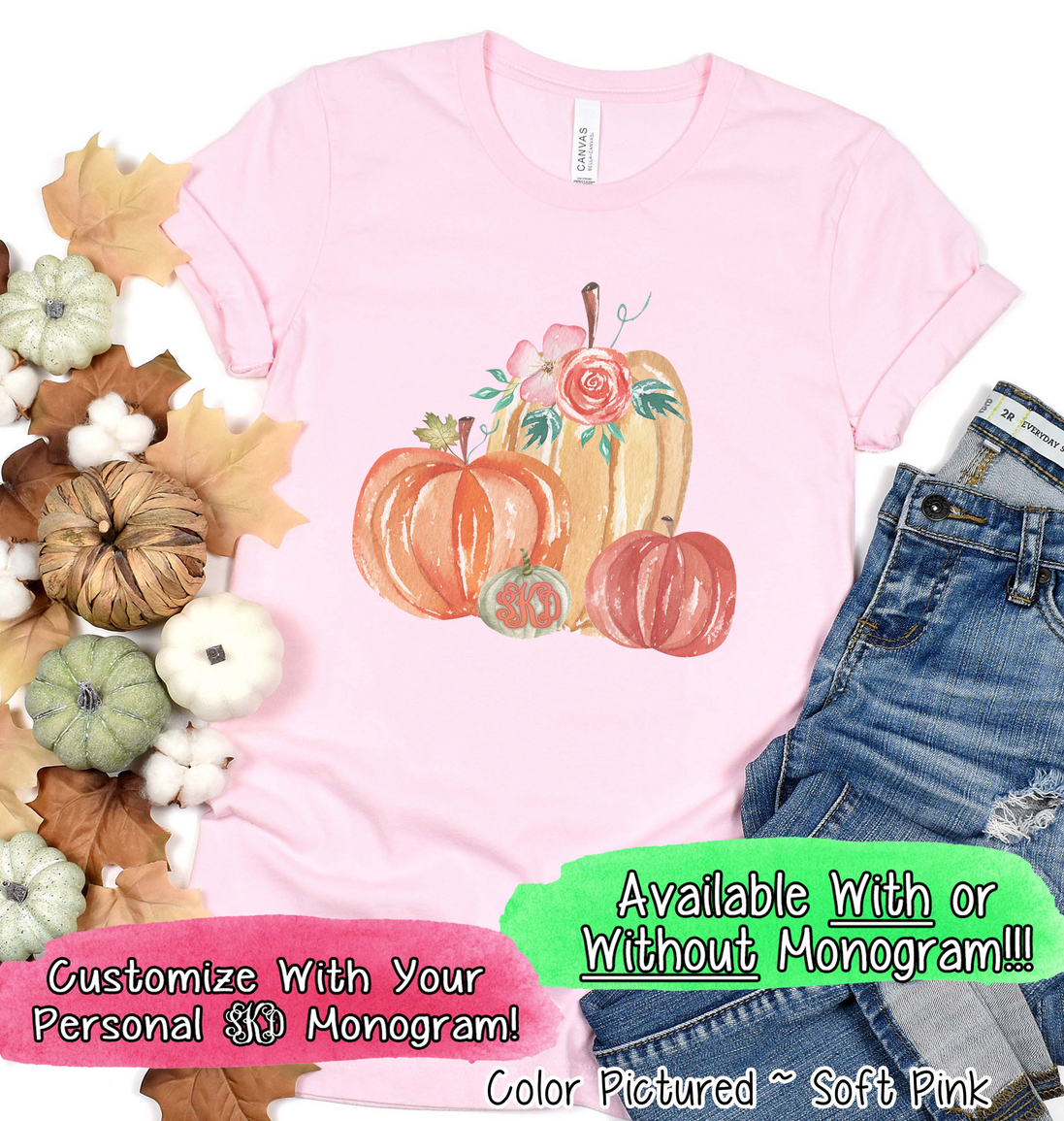 Monogram Watercolor Pumpkin Fall Tee