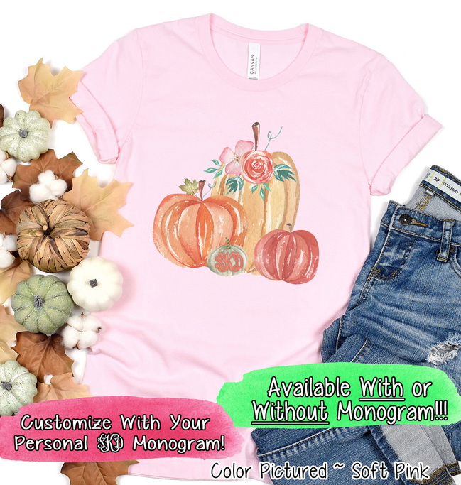 Monogram Watercolor Pumpkin Fall Tee