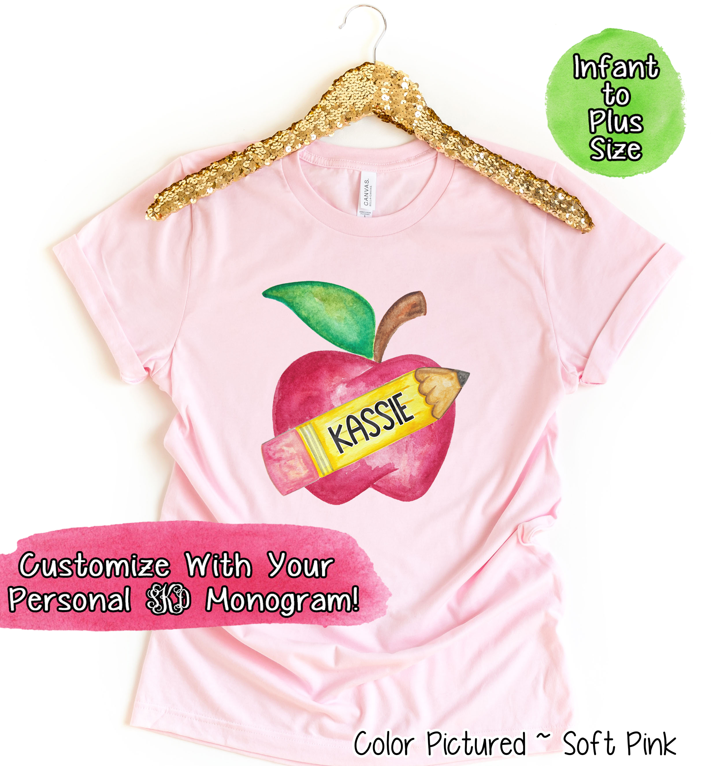 Personalized Watercolor Apple & Pencil Tee