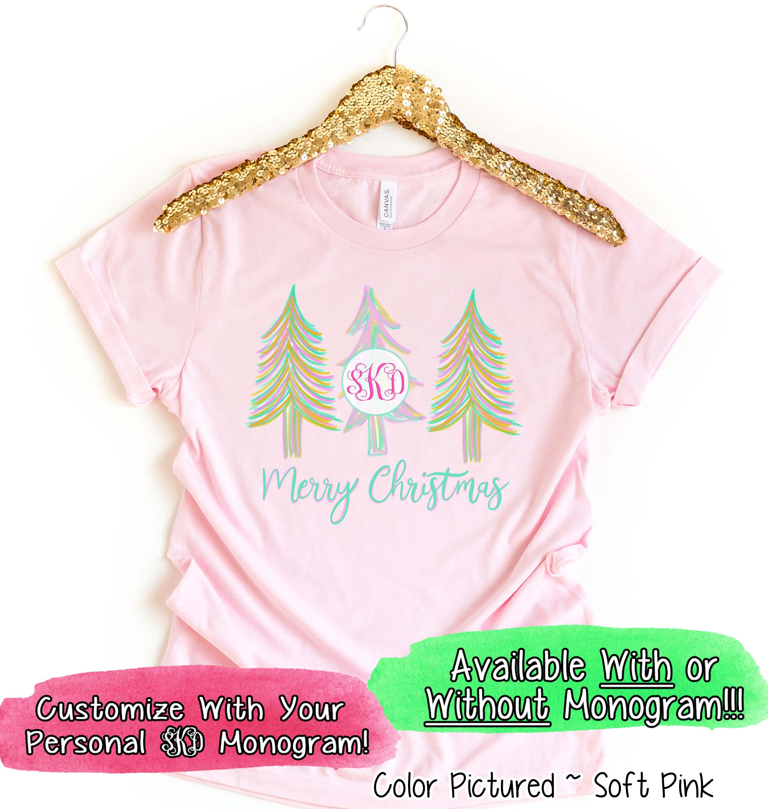 Monogrammed Pastel Merry Christmas Trees Tee