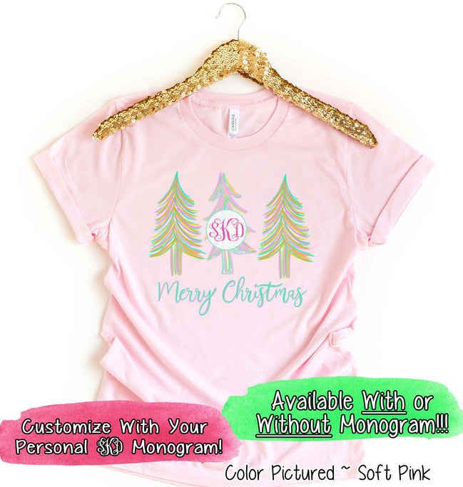 Monogrammed Pastel Merry Christmas Trees Tee