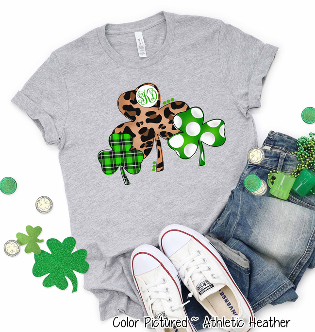 Monogram Leopard Plaid & Dot Shamrock Trio St Patricks Day Tee