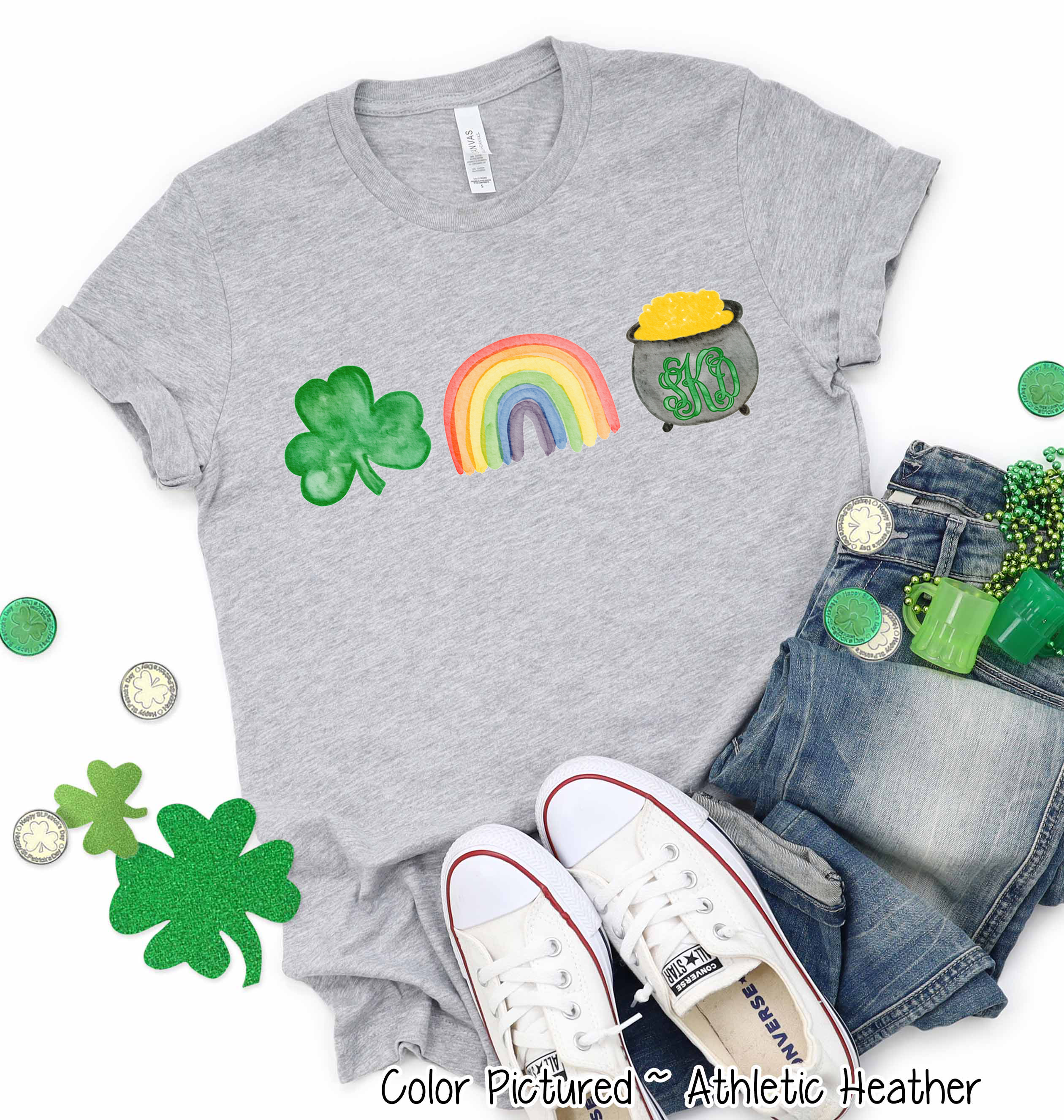 Monogram Shamrock Rainbow & Gold St Patricks Day Tee