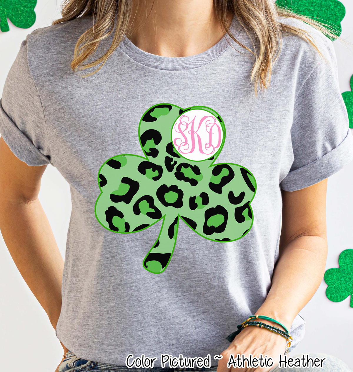 Monogram Green Leopard Shamrock St Patricks Day Tee