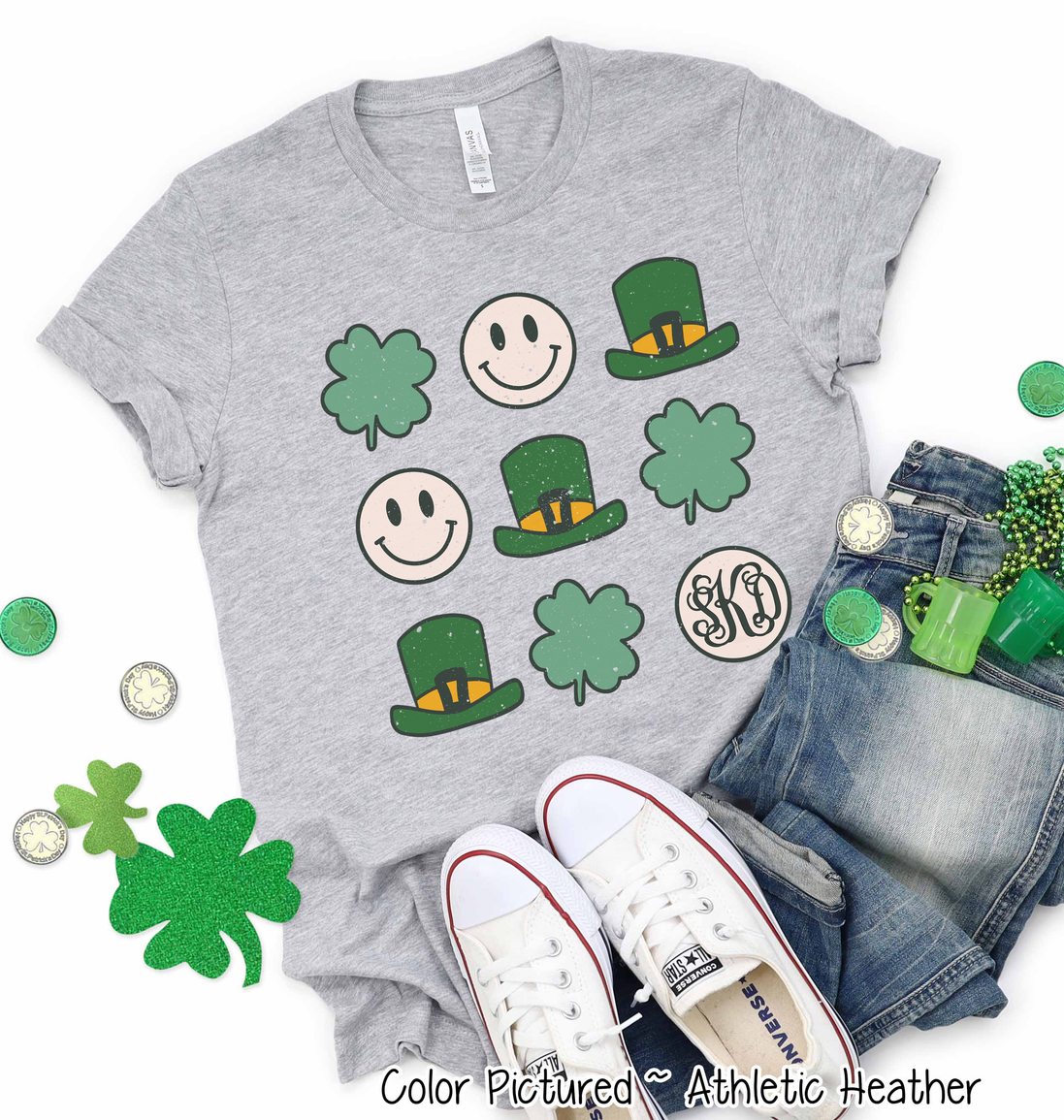 Monogram Retro Smiley Face & Shamrock St Patricks Day Tee