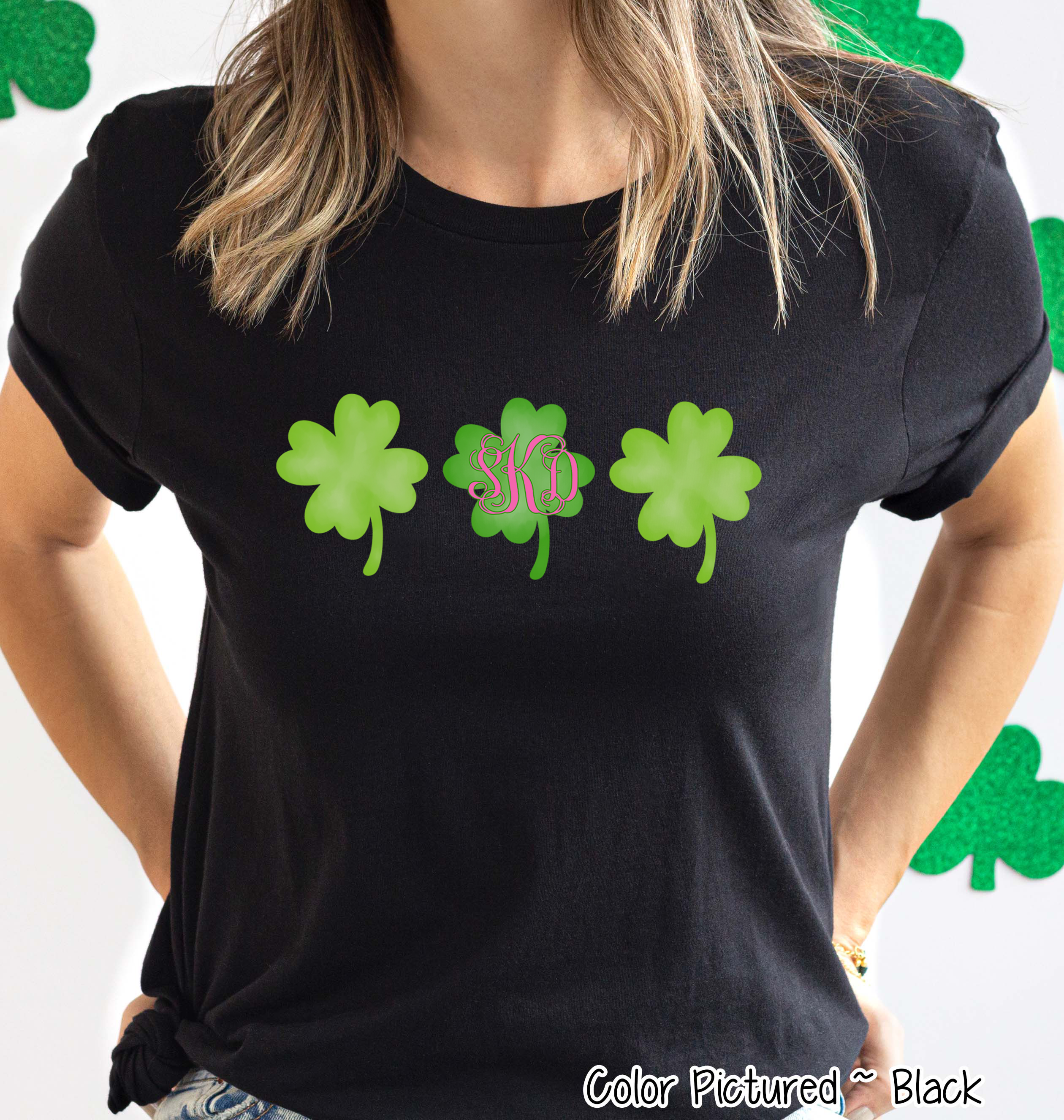 Monogram Watercolor Clover Trio St Patricks Day Tee