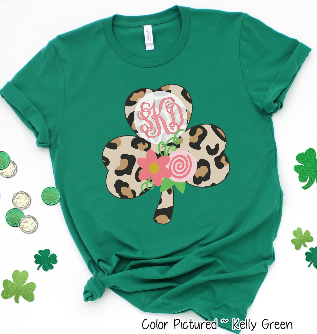 Monogram Leopard Shamrock St Patricks Day Tee