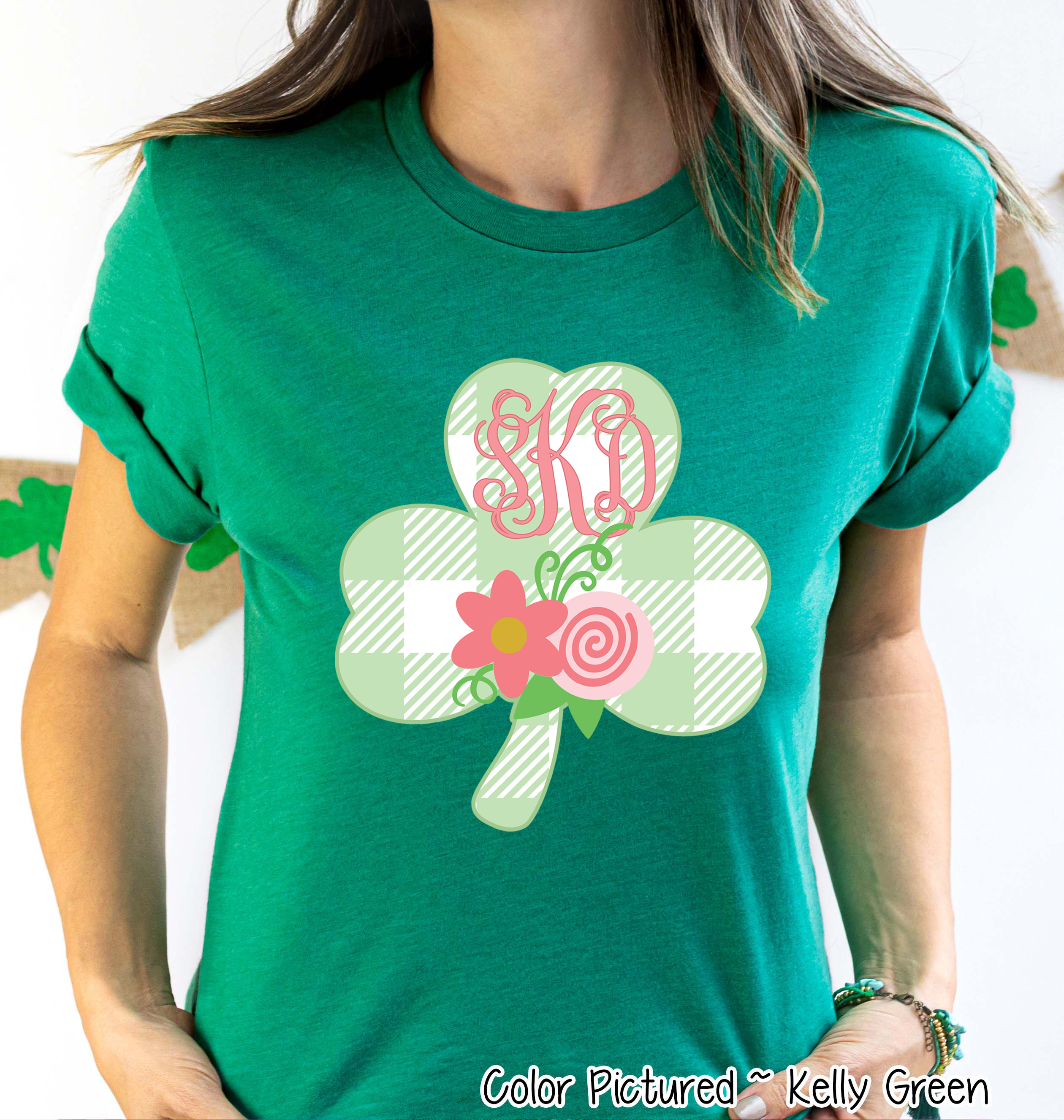 Monogram Buffalo Plaid Shamrock St Patricks Day Tee